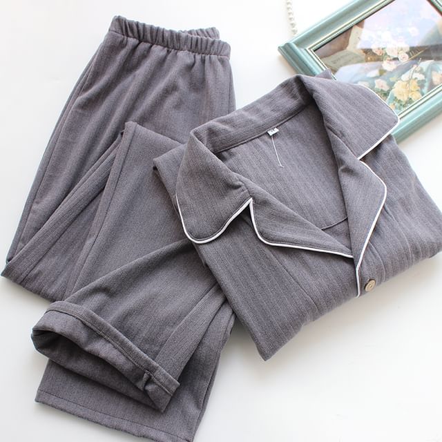 Dogini-Pajama Set Long-Sleeve Lapel Collar Contrast Trim Button-Up Top Pants