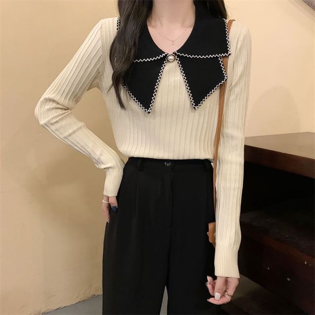 Sisyphi-Long Sleeve Collared Bowknot Knitted Top