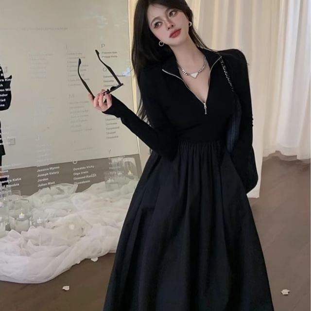 GANGER - Long-Sleeve Stand Collar Plain Zip Panel Maxi A-Line Dress |  YesStyle