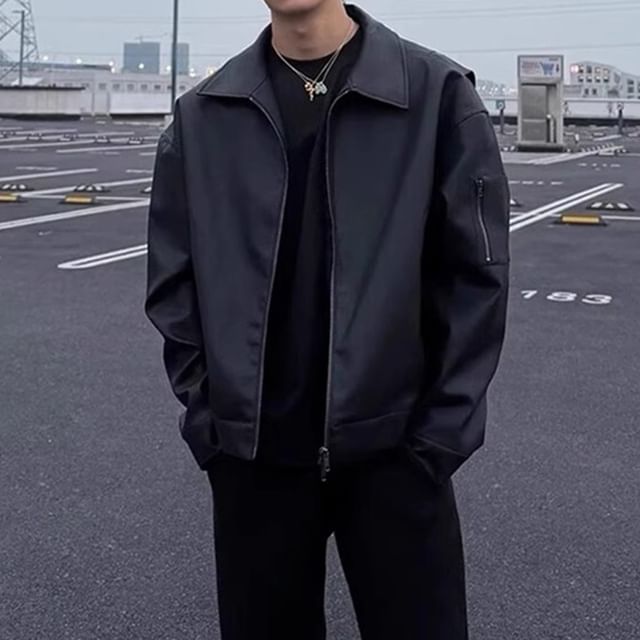 DragonRoad-Collared Zip-Up Plain Faux Leather Bomber Jacket