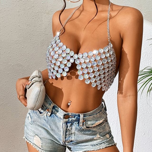 Grizelda - Halter-Neck Rhinestone Crop Top | YesStyle