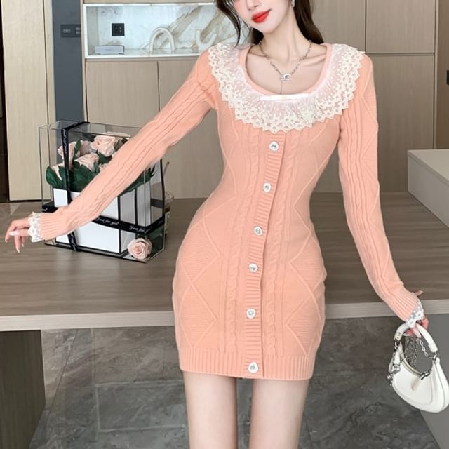knee length dresses for ladies Scoop Neck Empire Waist Long Sleeve Mini Dress main image 0