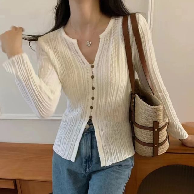Bigfol-V-Neck Button-Up Plain Cardigan