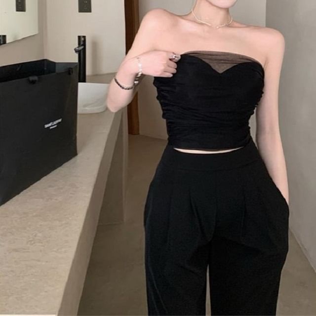 Odestra-Mesh Plain Crop Tube Top
