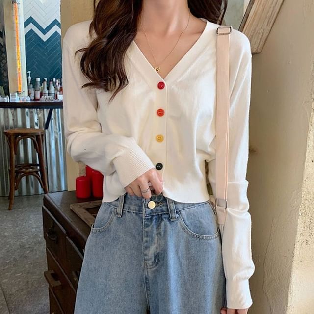 Sisyphi-V-Neck Plain Cropped Cardigan