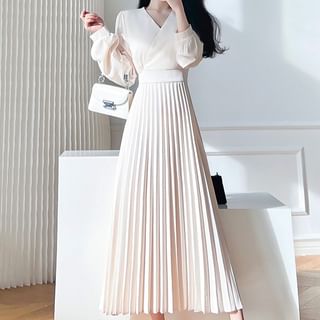 Yilda Long-Sleeve V-Neck Plain Wrap Midi Pleated Dress