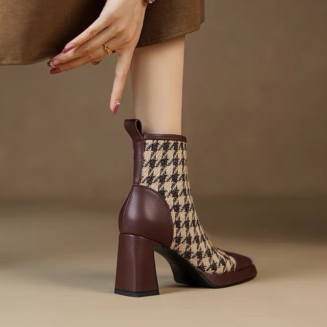 Karlao - Houndstooth Square Toe Platform Chunky Heel Boots