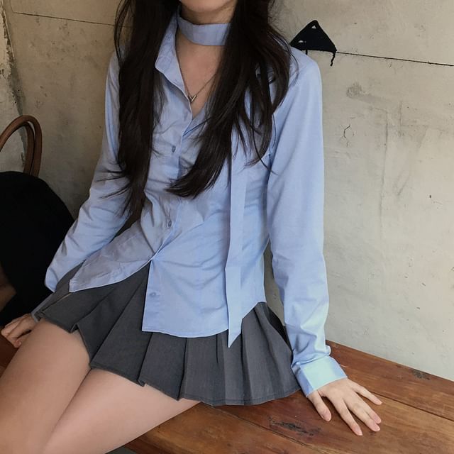 Tulstrix-Long Sleeve Collared Plain Shirt