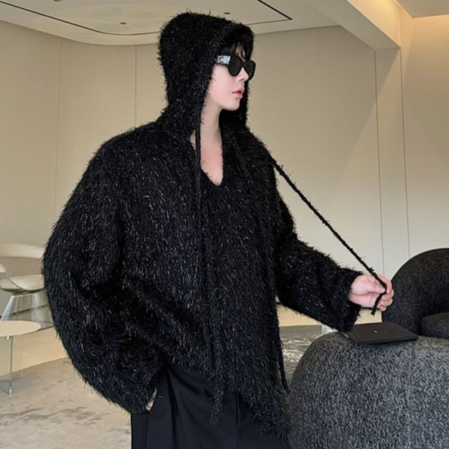 Patow-Long Sleeve Glitter Fluffy Hooded Sweater