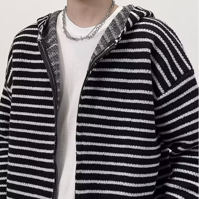 Femilina-Striped Hooded Zip Cardigan