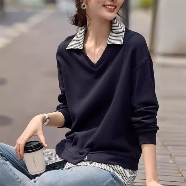Jeonseon-Collared V-Neck Striped Mock Two Piece Pullover