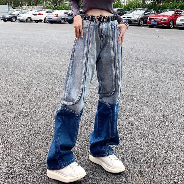 2dawgs - Mid Rise Two Tone Paneled Wide Leg Jeans 