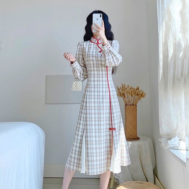 Long-Sleeve Plaid Midi A-Line Dress