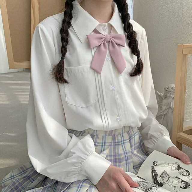 Sisyphi-Long-Sleeve Bowknot Plain Blouse