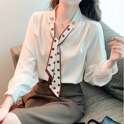 Janunu - Tie-Neck Plain Dotted Panel Shirt | YesStyle