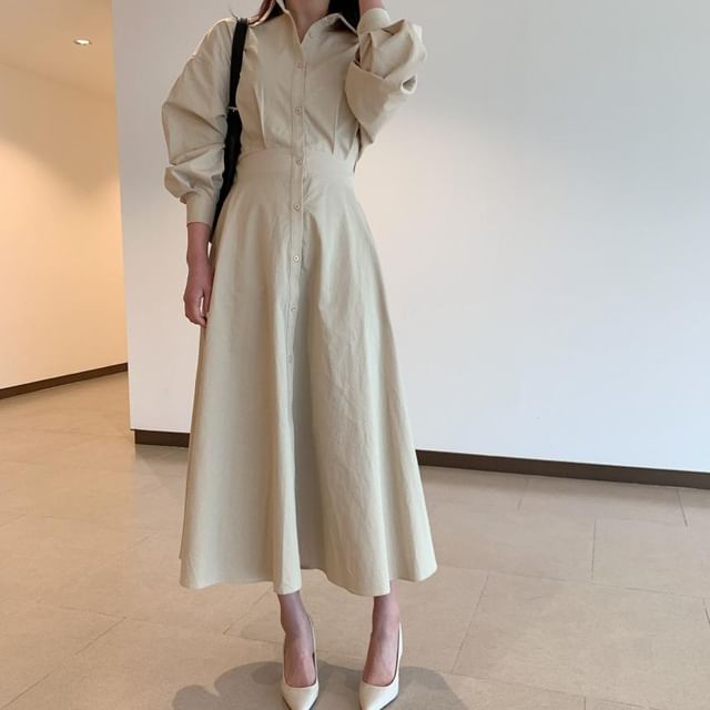 Maisee-Puff-Sleeve Plain Button-Up Midi Shirtdress