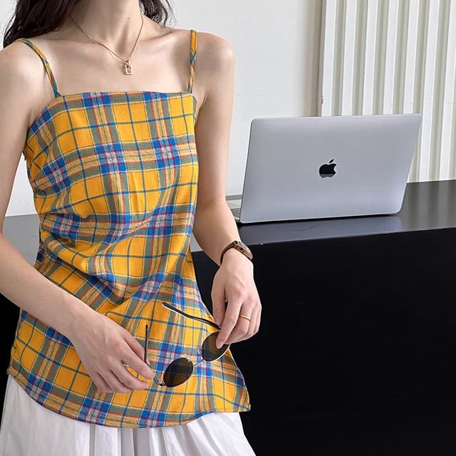 Keiko Girl-Plaid Asymmetrical Cami Top