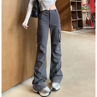 evanesce-Mid Rise Plain Ruched Flared Cargo Pants