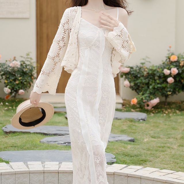 Pantho Spaghetti Strap Lace Midi Sheath Dress Crop Cardigan