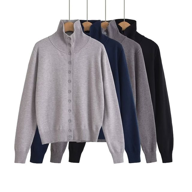 Hollahop-Stand Collar Plain Cardigan