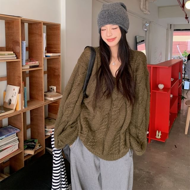 Beem-V-Neck Plain Cable-Knit Oversized Sweater
