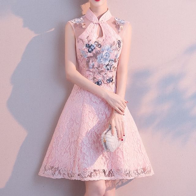 MSSBridal-Vestido de cóctel línea A sin mangas de encaje