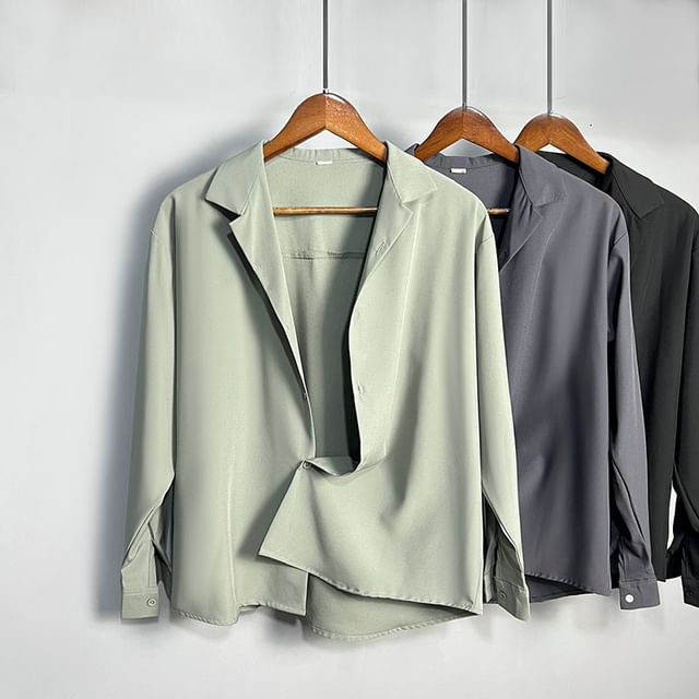 Phoneus-Long-Sleeve Lapel Collar Plain Button-Up Shirt