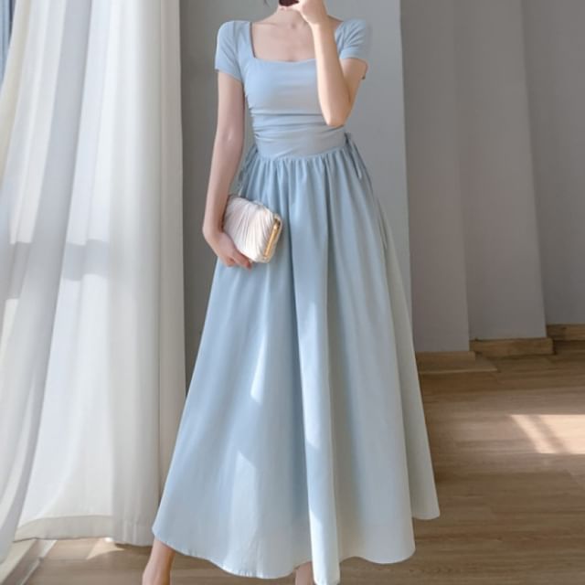 Tonni's - Short-Sleeve Square Neck Plain Drawstring Maxi A-Line Dress