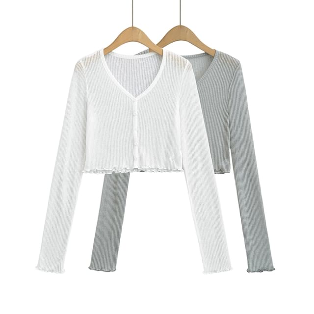 Ulark-V-Neck Lettuce Edge Ribbed Crop Cardigan