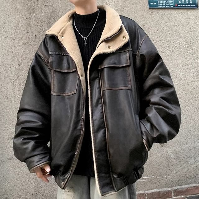 emeisa-Stand Collar Fleece-Lined Faux Leather Zip Jacket