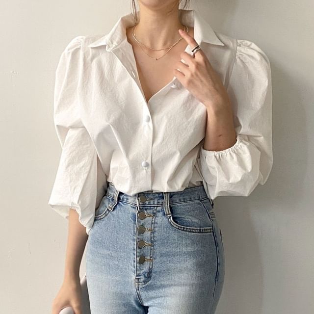 Happo-Puff-Sleeve Collared Button-Up Plain Blouse