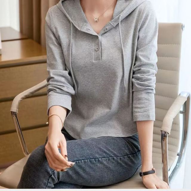 Everose-Long-Sleeve Plain Hooded Tee