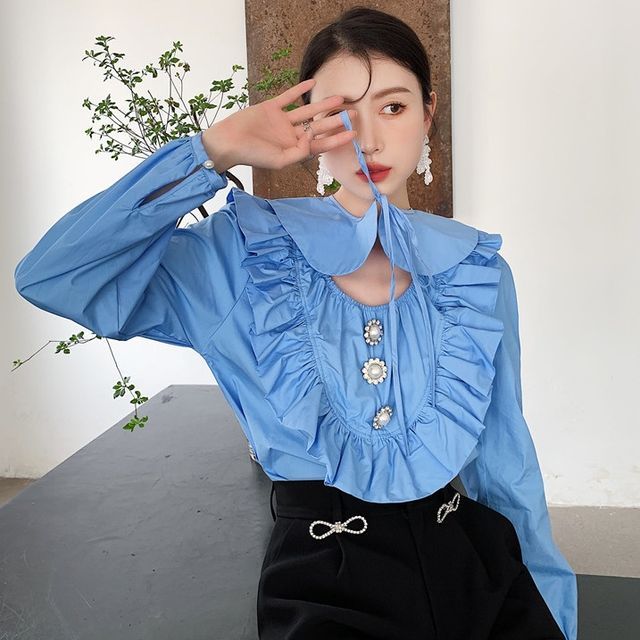 LINSI - Long-Sleeve Frill Trim Plain Blouse | YesStyle