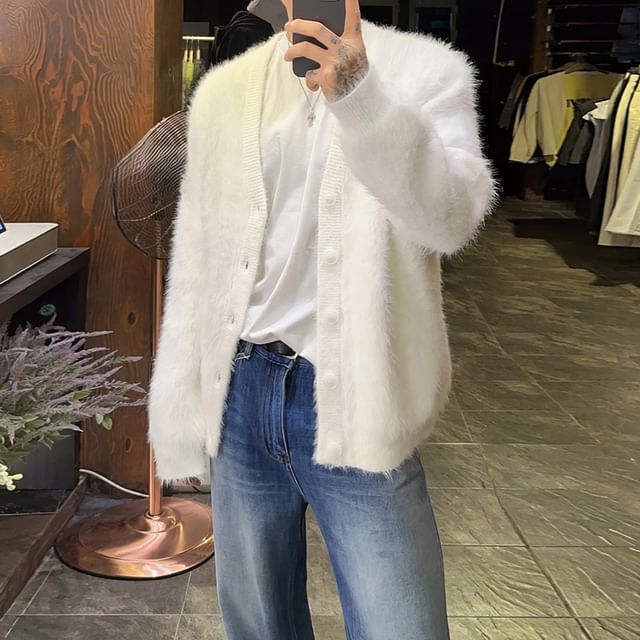 Okwano-V-Neck Plain Fluffy Button Cardigan