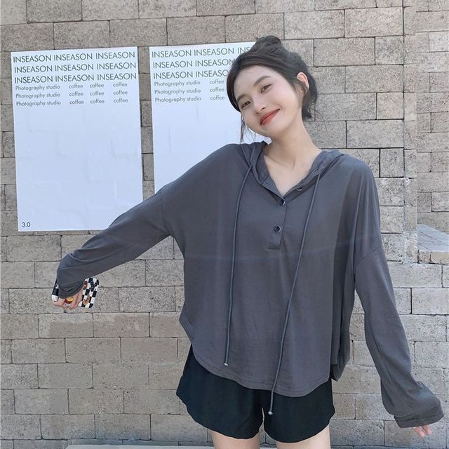 Everose-Long-Sleeve Plain Hooded Tee