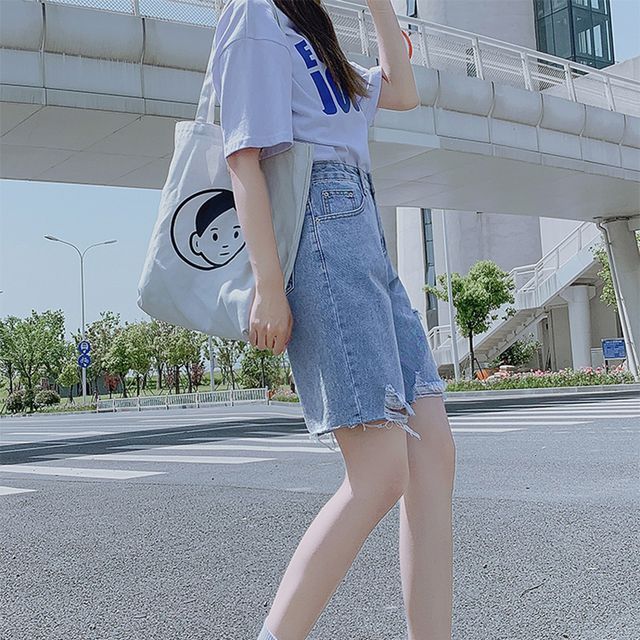 Everose-Mid Rise Distressed Denim Shorts