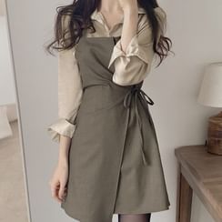 Brigitte - Plain Shirt / Wrap Mini Overall Dress