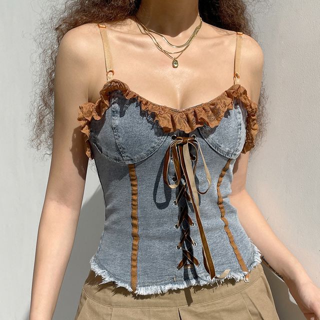 Bolgivy - Spaghetti Strap Frill Trim Denim Corset Top | YesStyle