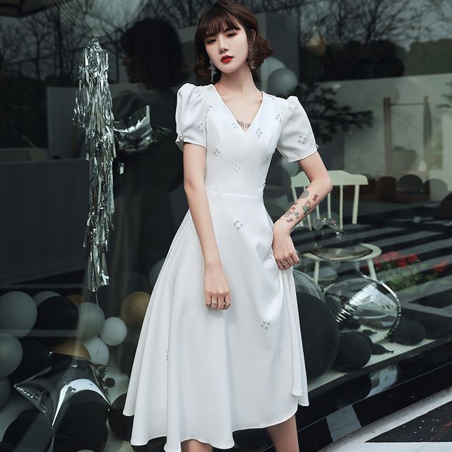 MSSBridal - Short-Sleeve V-Neck Faux Pearl Midi A-Line Wedding Dress |  YesStyle