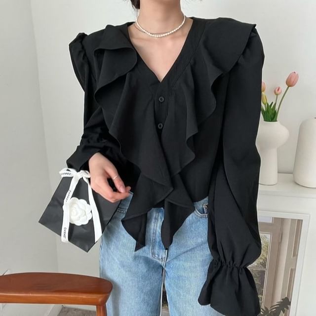 Coris-Long Sleeve V-Neck Plain Ruffle Blouse