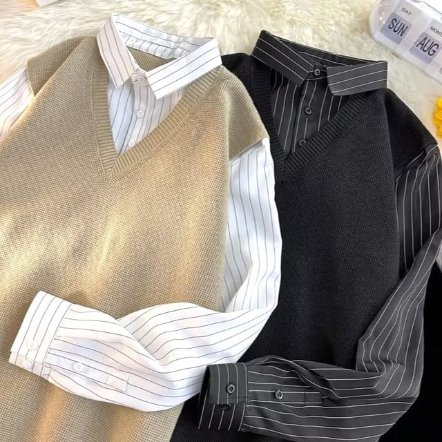 Urtishia-Collared Mock Two Piece Shirt
