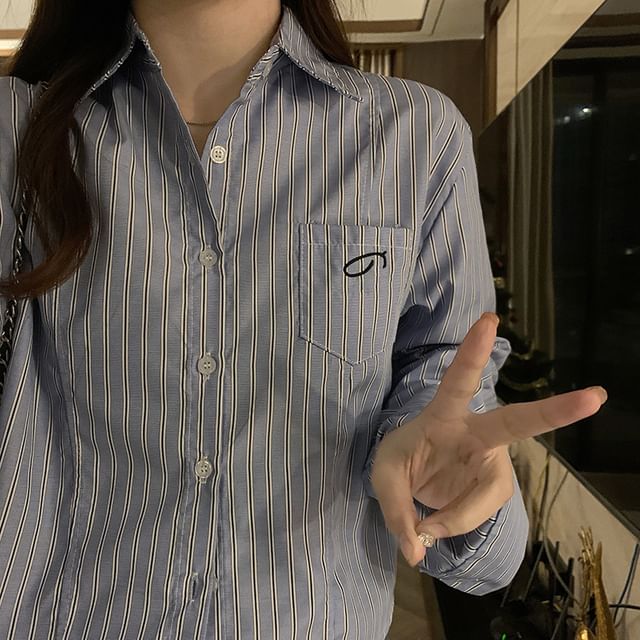 monroll-Long-Sleeve Plain Striped Shirt
