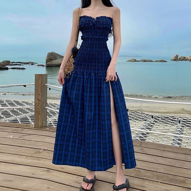 Onjo - Strapless Plaid Midi A-Line Dress | YesStyle