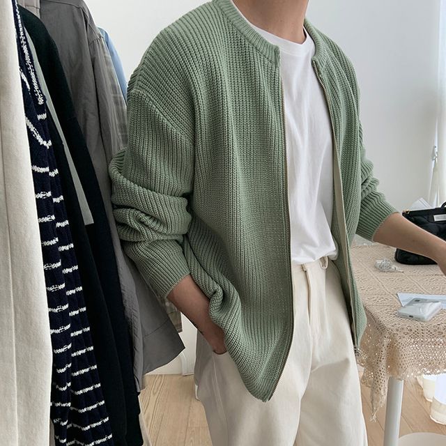 Okwano-Crew Neck Plain Zip-Up Cardigan