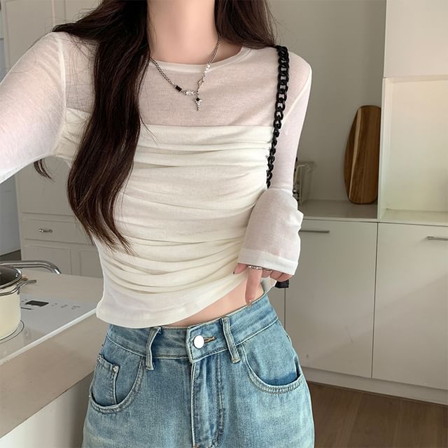 Yako-Long-Sleeve Crewneck Plain Crop Top