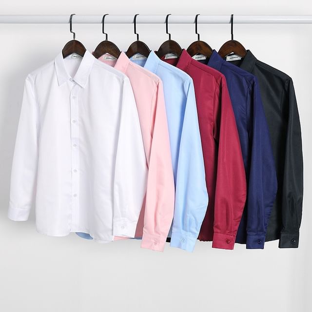 Urtishia-Long-Sleeve Plain Button-Up Shirt