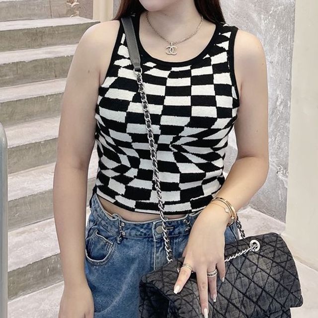 Telipino-Round Neck Checkerboard Knit Tank Top
