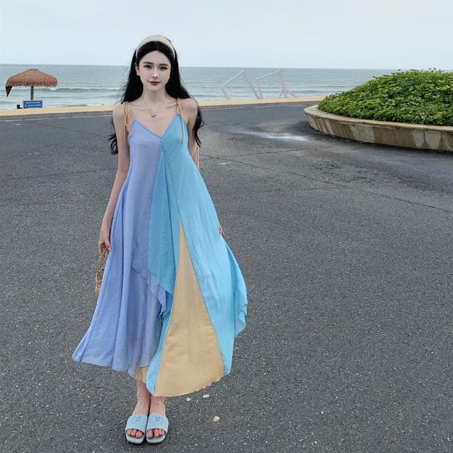 Juuri - Spaghetti Strap V-Neck Color Block Asymmetrical Open Back Midi A-Line  Dress | YesStyle