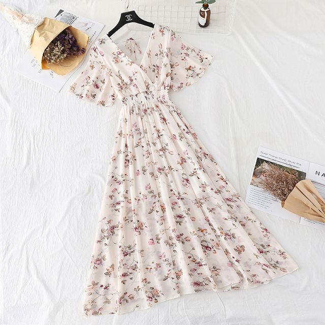 NINETTE - Floral Print Short-Sleeve Midi A-Line Chiffon Dress | YesStyle