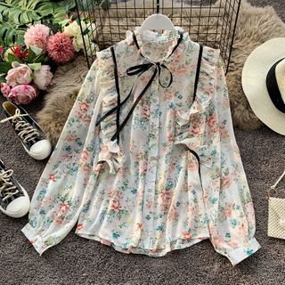 Long-Sleeve Floral Chiffon Blouse 
